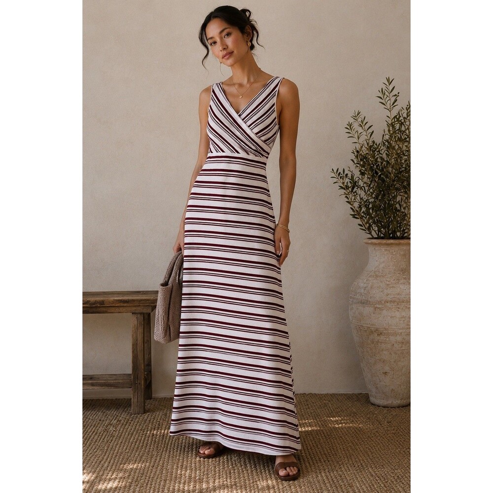 AJ White Burgundy Striped Jersey Knit Stretch Maxi Dress S V-Neck Casual Summer